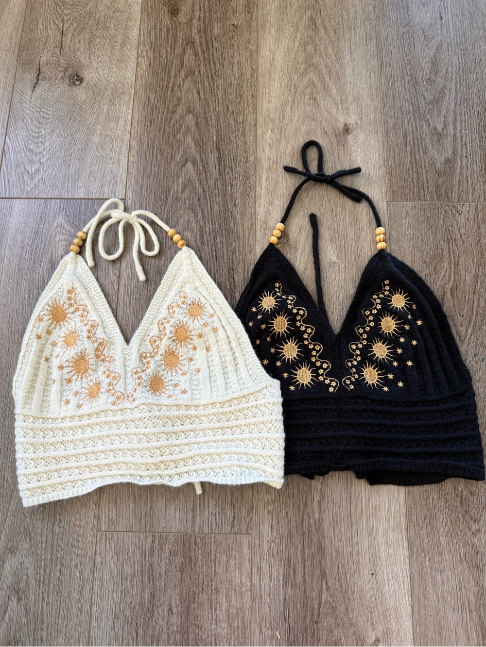 Crochet Halter Crop Tops set of 2 Black and Cream